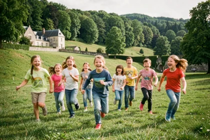 Des enfants joyeux courant dans un parc verdoyant du Val-d'Oise, illustrant les meilleures activités pour enfants de la région