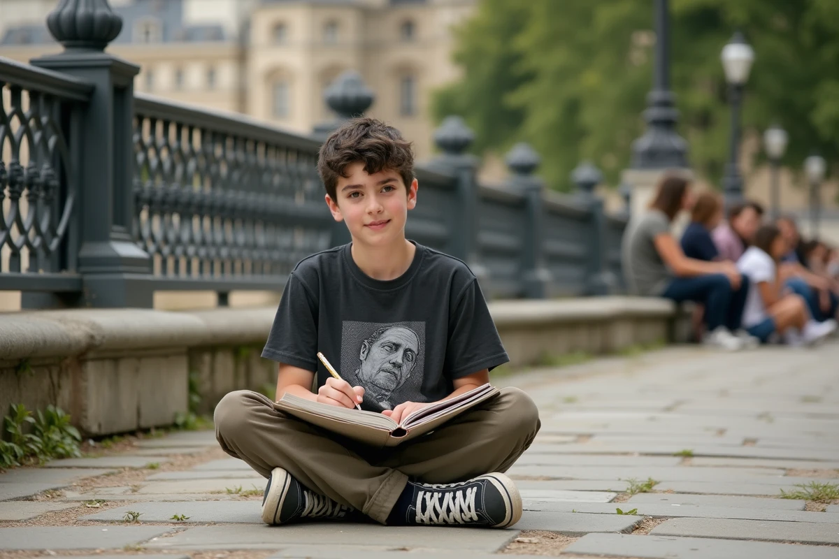 Adolescent dessinant en plein air sur les bords de Seine à Paris lors d'une sortie culturelle