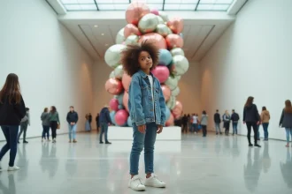 Adolescente parisienne découvrant une installation d'art contemporain dans un musée moderne, expression curieuse et naturelle