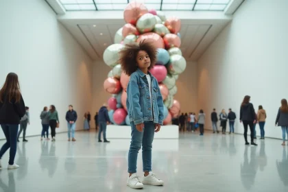Adolescente parisienne découvrant une installation d'art contemporain dans un musée moderne, expression curieuse et naturelle