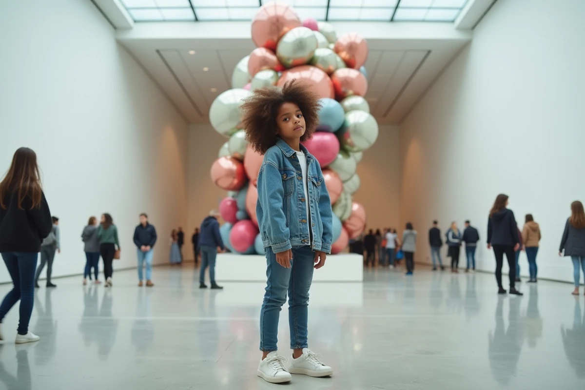 Adolescente parisienne découvrant une installation d'art contemporain dans un musée moderne, expression curieuse et naturelle