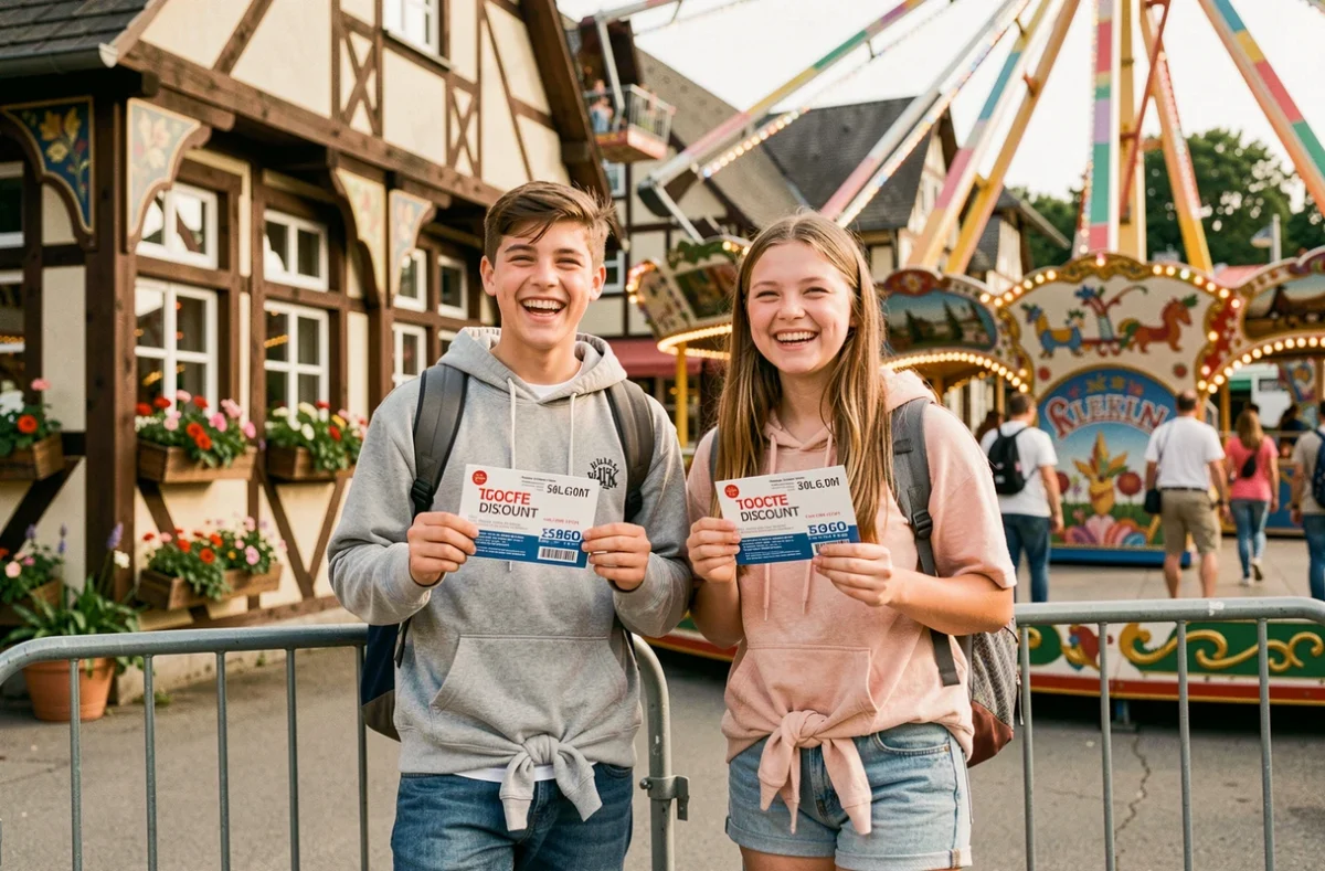 Deux adolescents tenant des billets réduits devant une attraction d'un parc alsacien