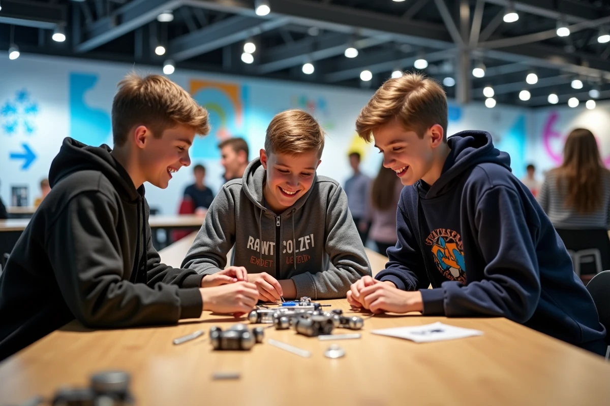 Groupe d'adolescents participant à un atelier robotique interactif dans un centre scientifique à Paris