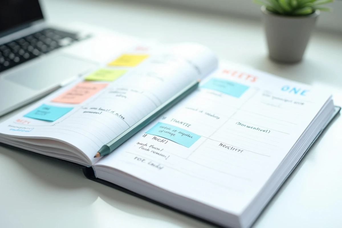Agenda papier ouvert avec semaines paires et impaires annotées à la main et notes autocollantes colorées