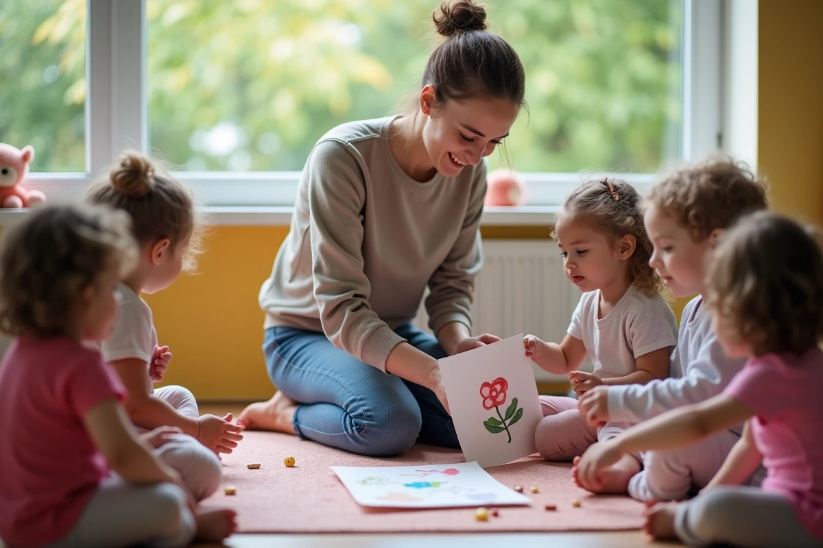 Assistante aidant un enfant à faire une empreinte pour la fête des mères