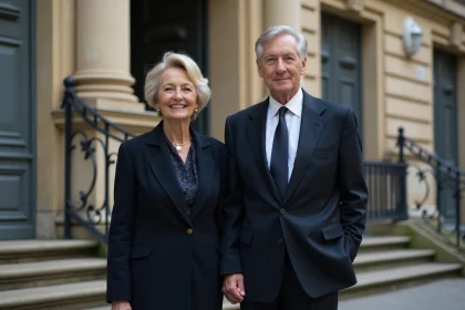 Couple élégant et discret devant un bâtiment parisien en pierre illustrant la vie privée d'Alain Madelin et son épouse