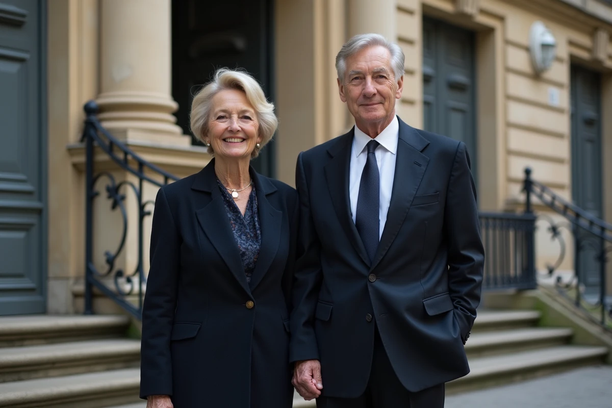 Couple élégant et discret devant un bâtiment parisien en pierre illustrant la vie privée d'Alain Madelin et son épouse