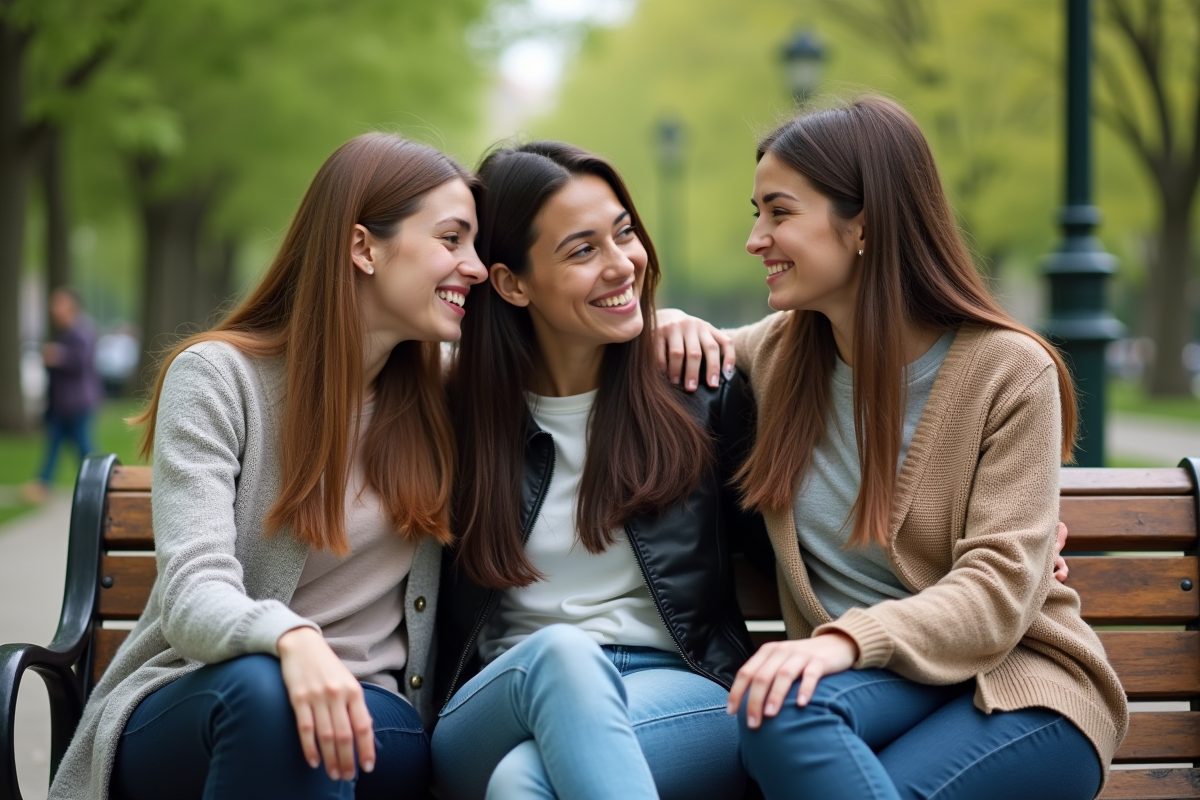 Trois jeunes amis discutant dans un parc en été