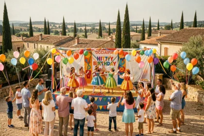 Animateurs d'anniversaire en Occitanie lors d'une fête festive en plein air avec scène décorée et familles réunies