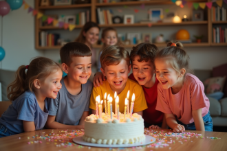 Groupe d'enfants soufflant des bougies lors d'un anniversaire