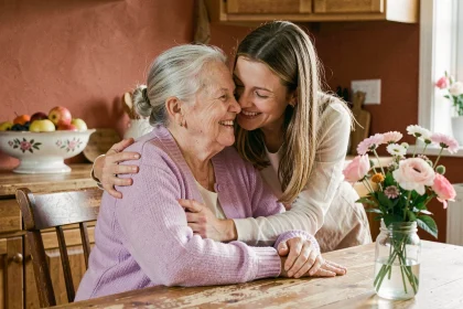 Grand-mère souriante embrassée par sa petite-fille lors d'un anniversaire en famille dans une cuisine chaleureuse