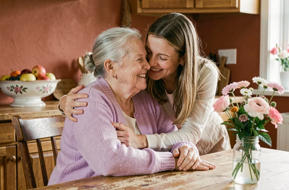 Grand-mère souriante embrassée par sa petite-fille lors d'un anniversaire en famille dans une cuisine chaleureuse