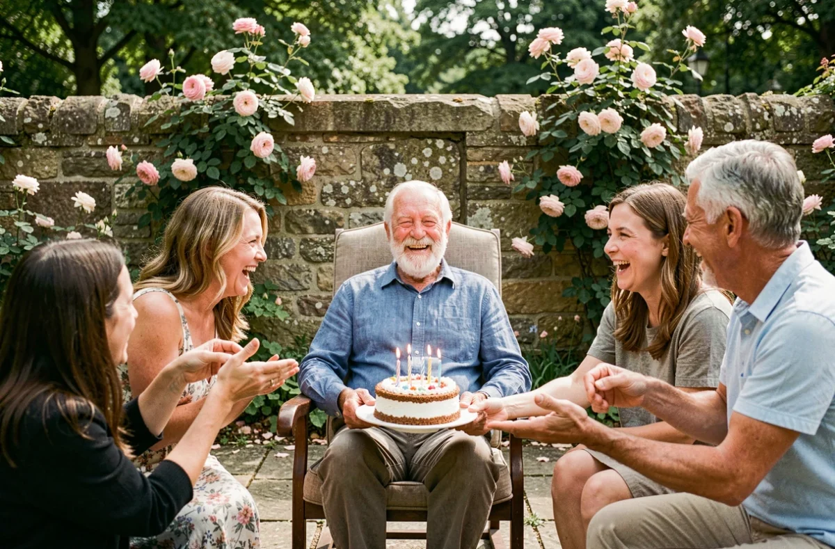Papi entouré de sa famille dans un jardin lors de son anniversaire avec un gâteau fait maison