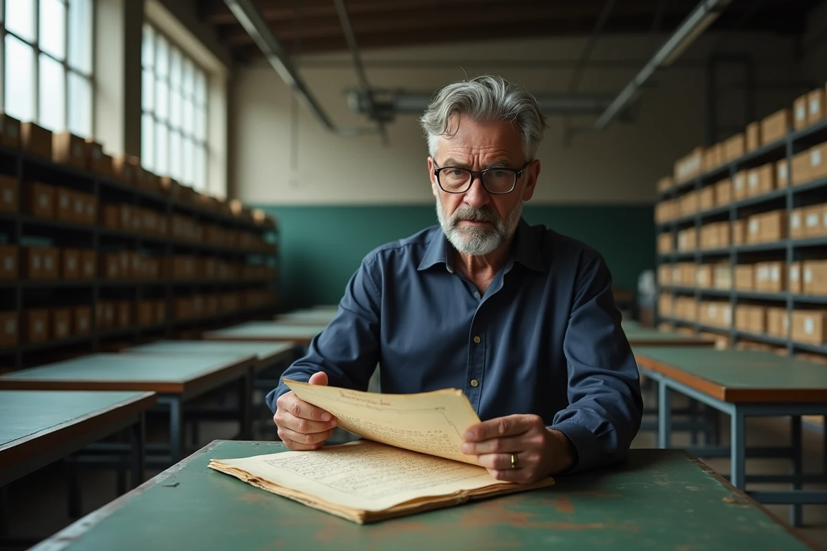 Chercheur consultant un acte notarial ancien dans une salle de lecture d'archives départementales françaises