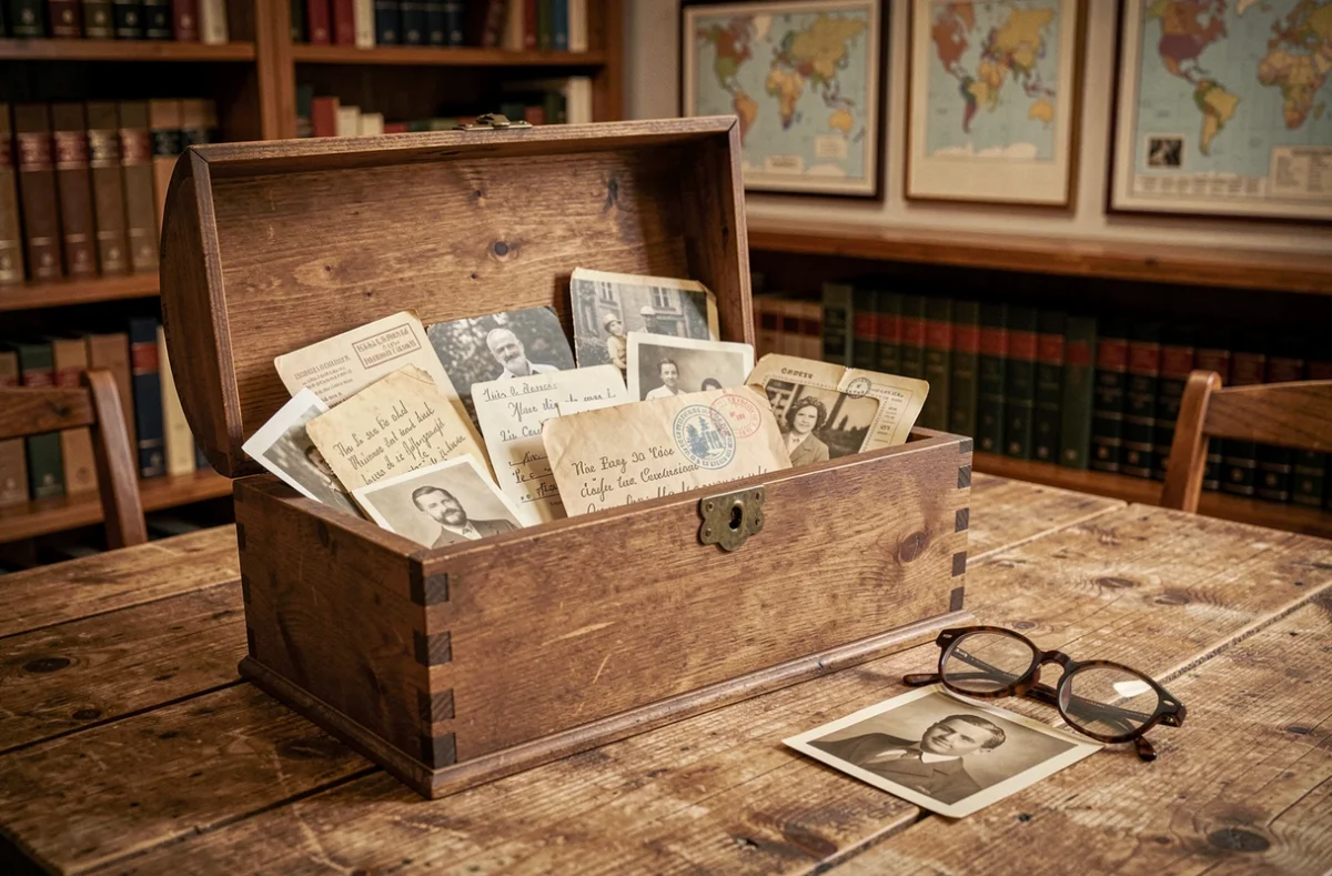 Vieilles photographies familiales et documents d'archives dans un coffre en bois, évoquant la recherche des origines et de l'histoire familiale