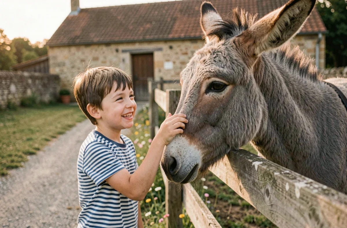 Un jeune garçon caresse un âne gris à l'Asinerie de la Vallée, ferme d'ânes en Loir-et-Cher
