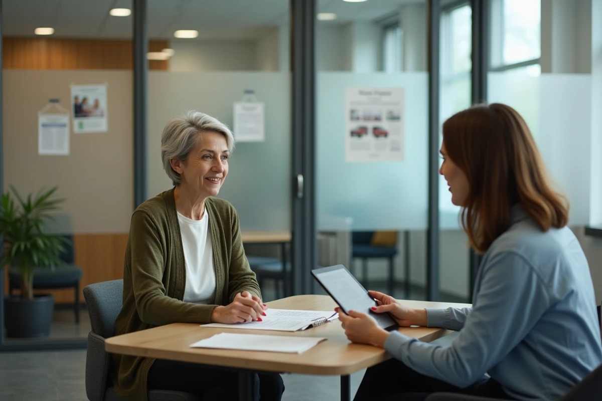 Assistante sociale accompagnant une personne dans un bureau de services sociaux avec documents