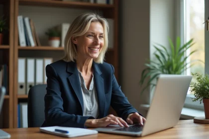 Femme assistante sociale en consultation vid&eacute;o en ligne depuis son bureau &agrave; domicile