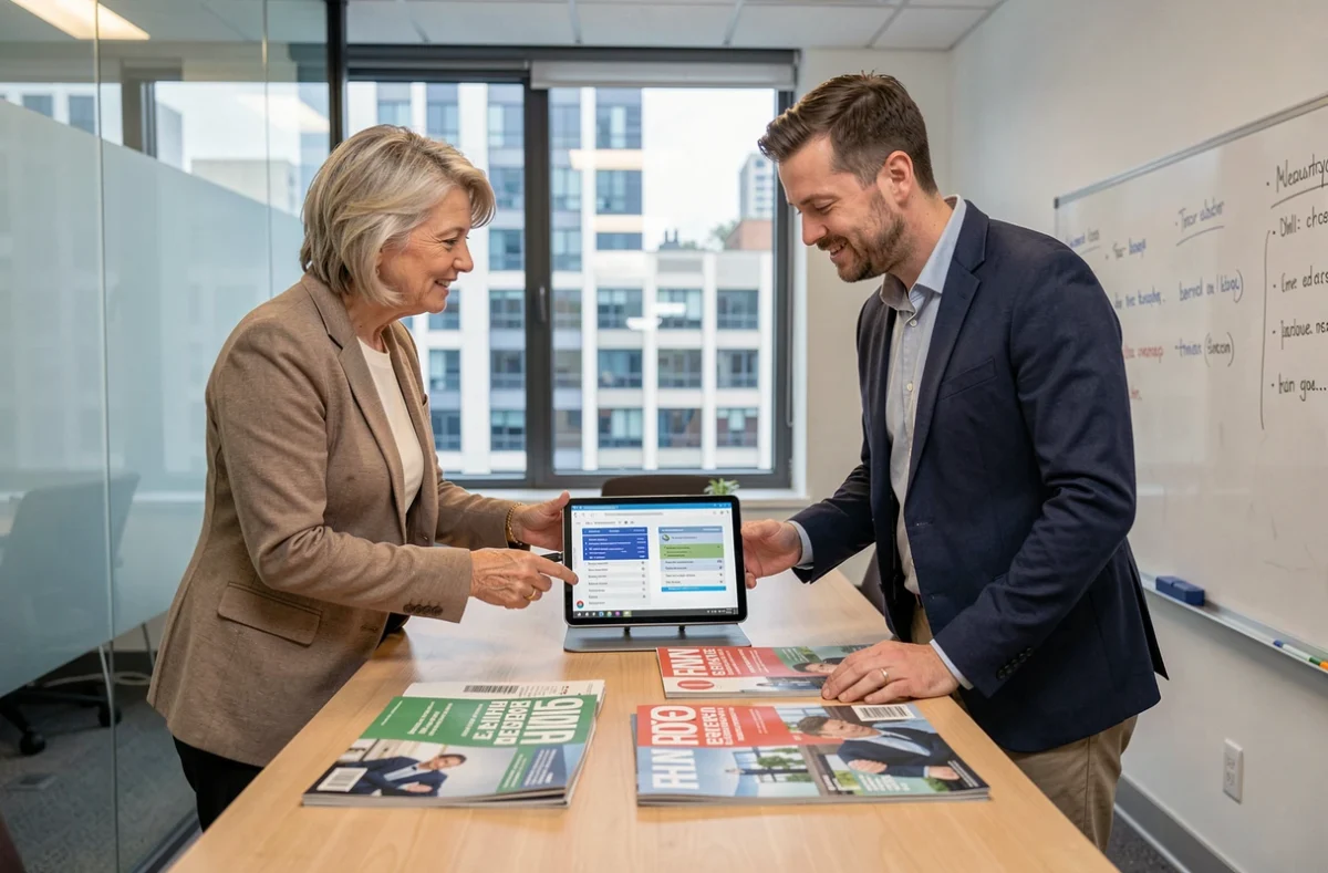 Deux associés de TPE comparant des abonnements magazine business professionnel lors d'une réunion