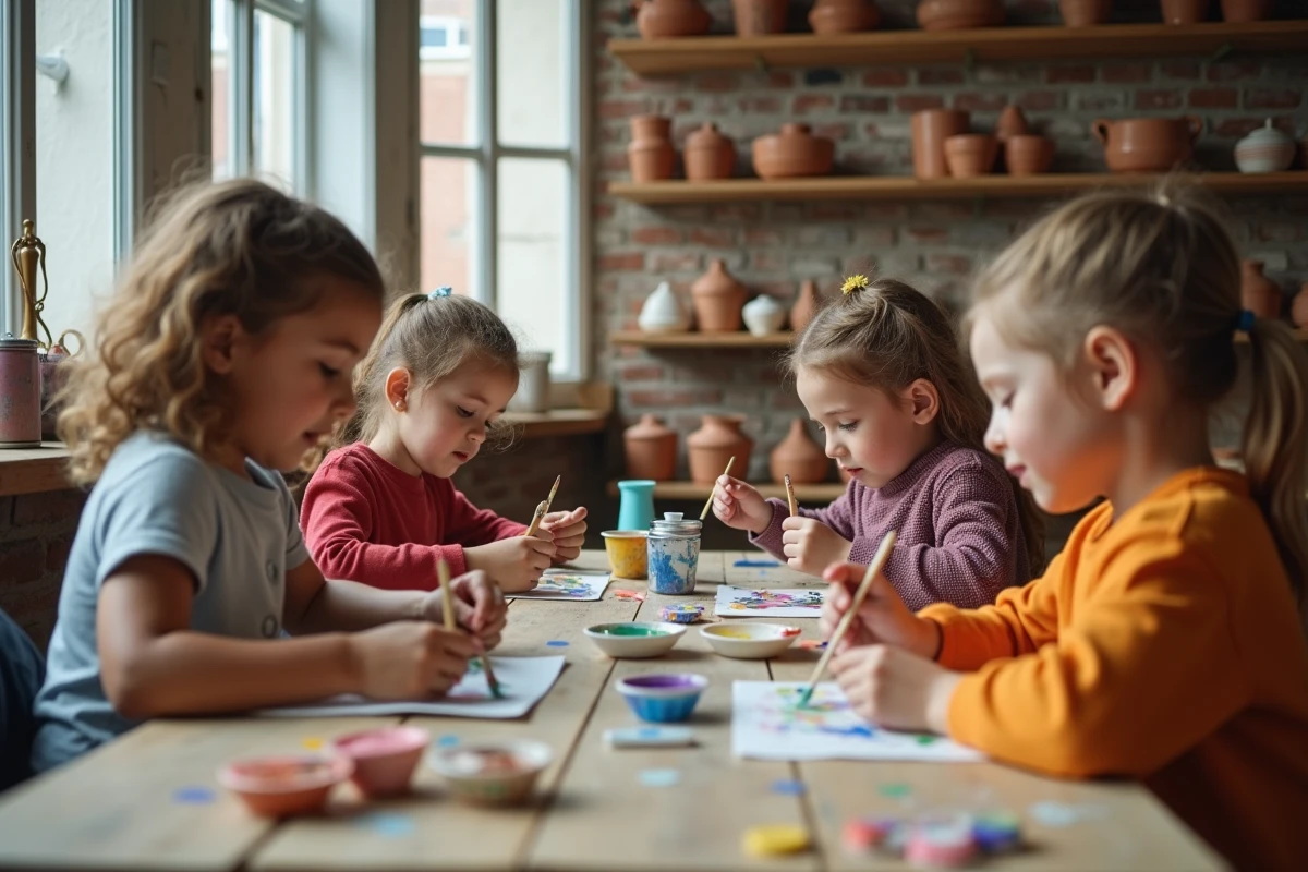 Groupe d'enfants participant à un atelier de peinture sur céramique à Paris le mercredi après-midi