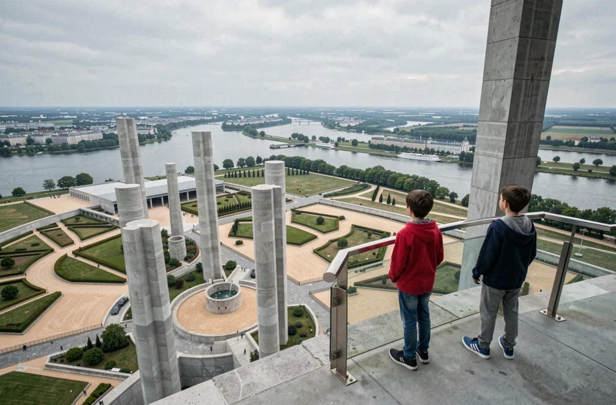 Deux enfants contemplant le panorama monumental de l'Axe Majeur de Cergy depuis la terrasse principale