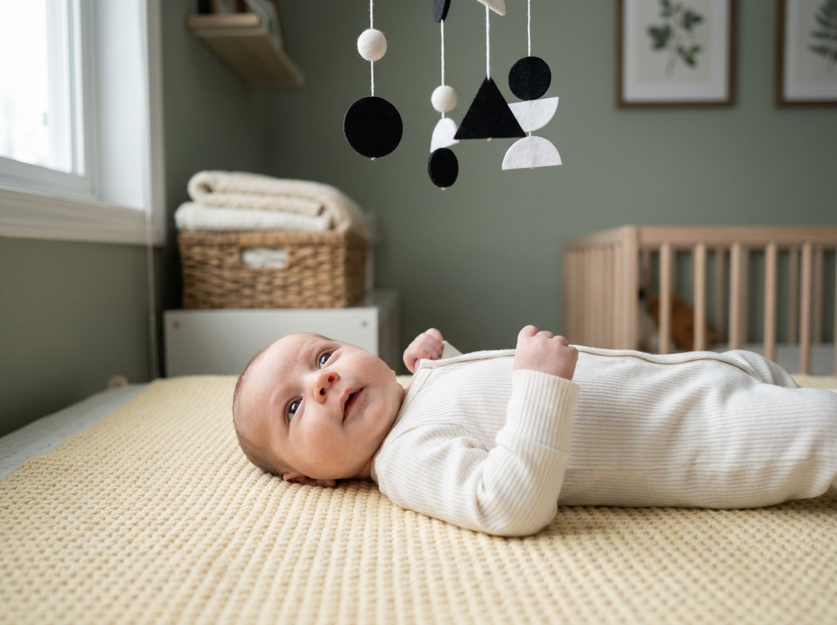 Bébé de 1 mois allongé sur un tapis d'éveil regardant un mobile noir et blanc dans une chambre de bébé douce