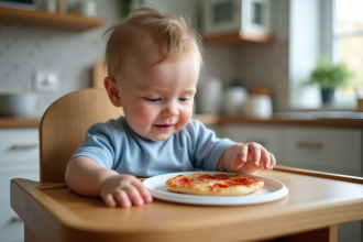Bébé garçon de 10 mois dans une chaise haute en bois mangeant une pizza