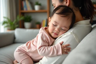 Bebe fille de 7 mois avec maman dans un salon cosy