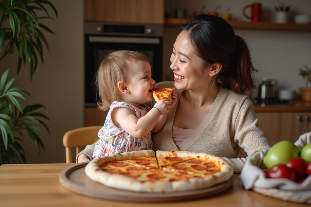 Bébé fille de 10 mois avec sa mère partageant une pizza à la table