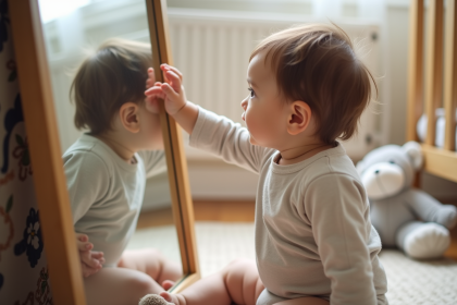 Bebe fille curieuse regardant son reflet dans un miroir
