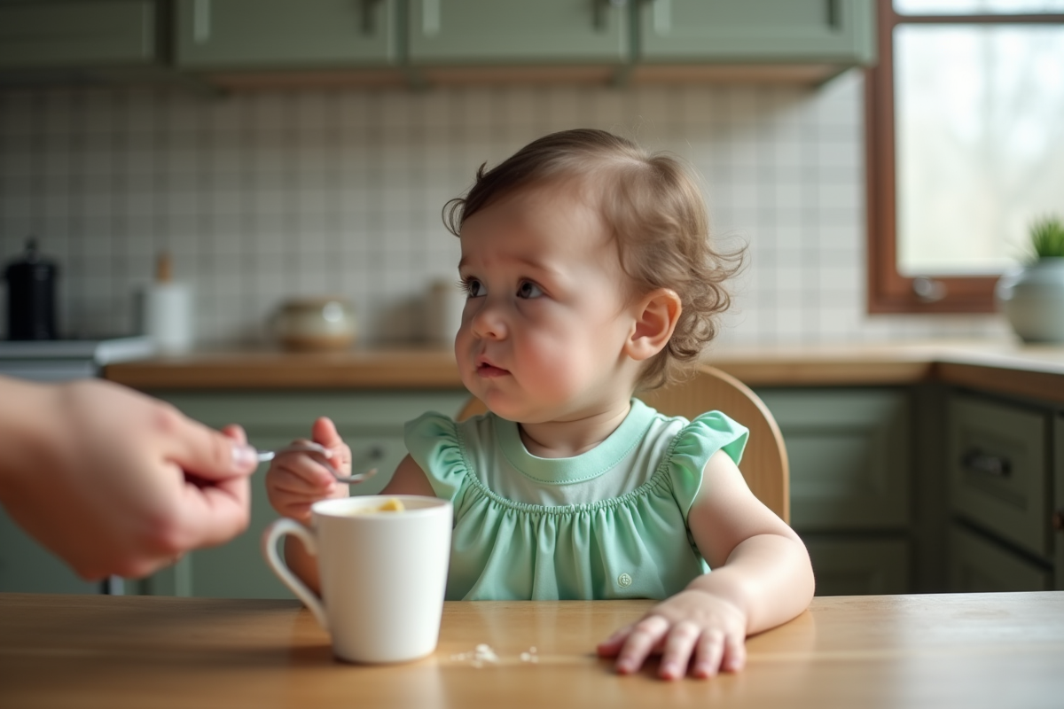 Bébé fille de 12 mois dans une chaise haute en cuisine