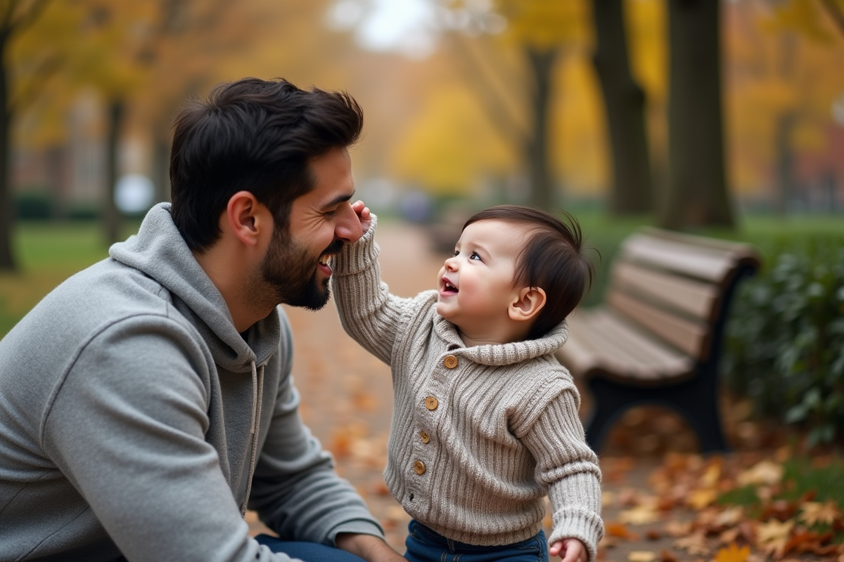 Bebe garcon de 9 mois touchant le visage de son père dans un parc