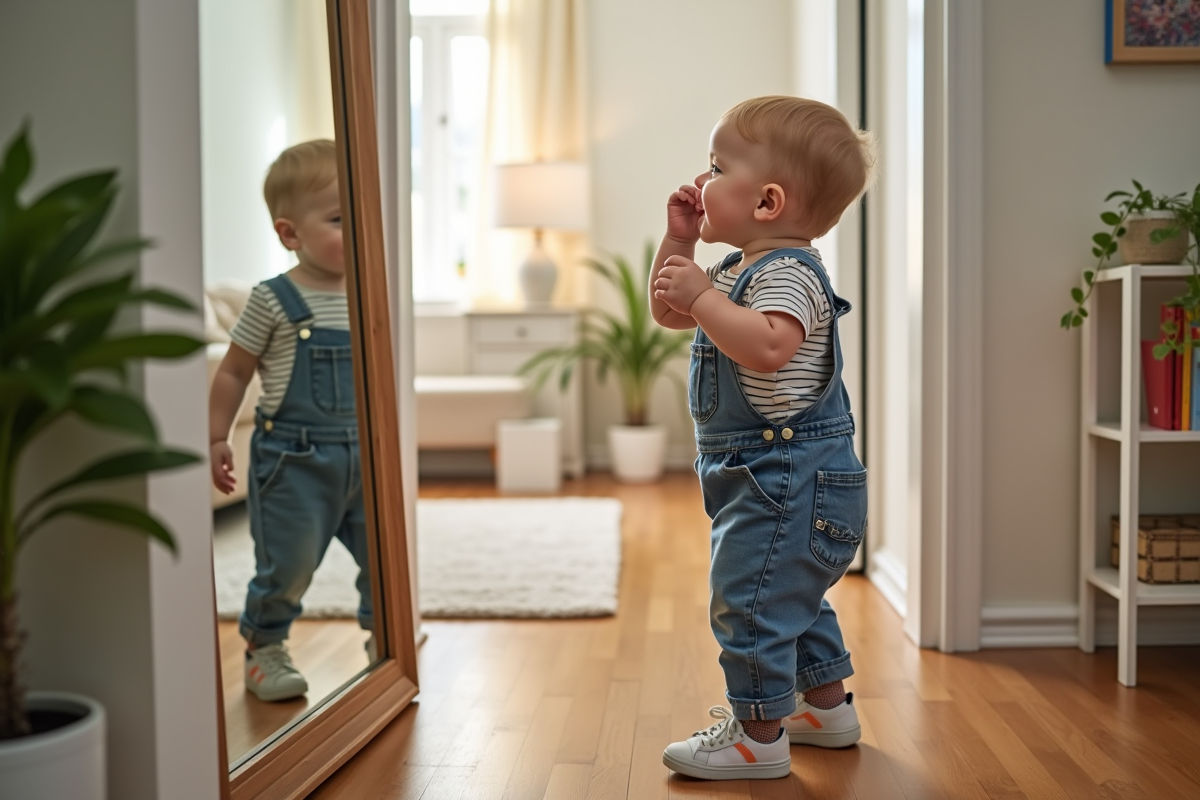 Bebe garcon souriant se touchant les joues devant un miroir