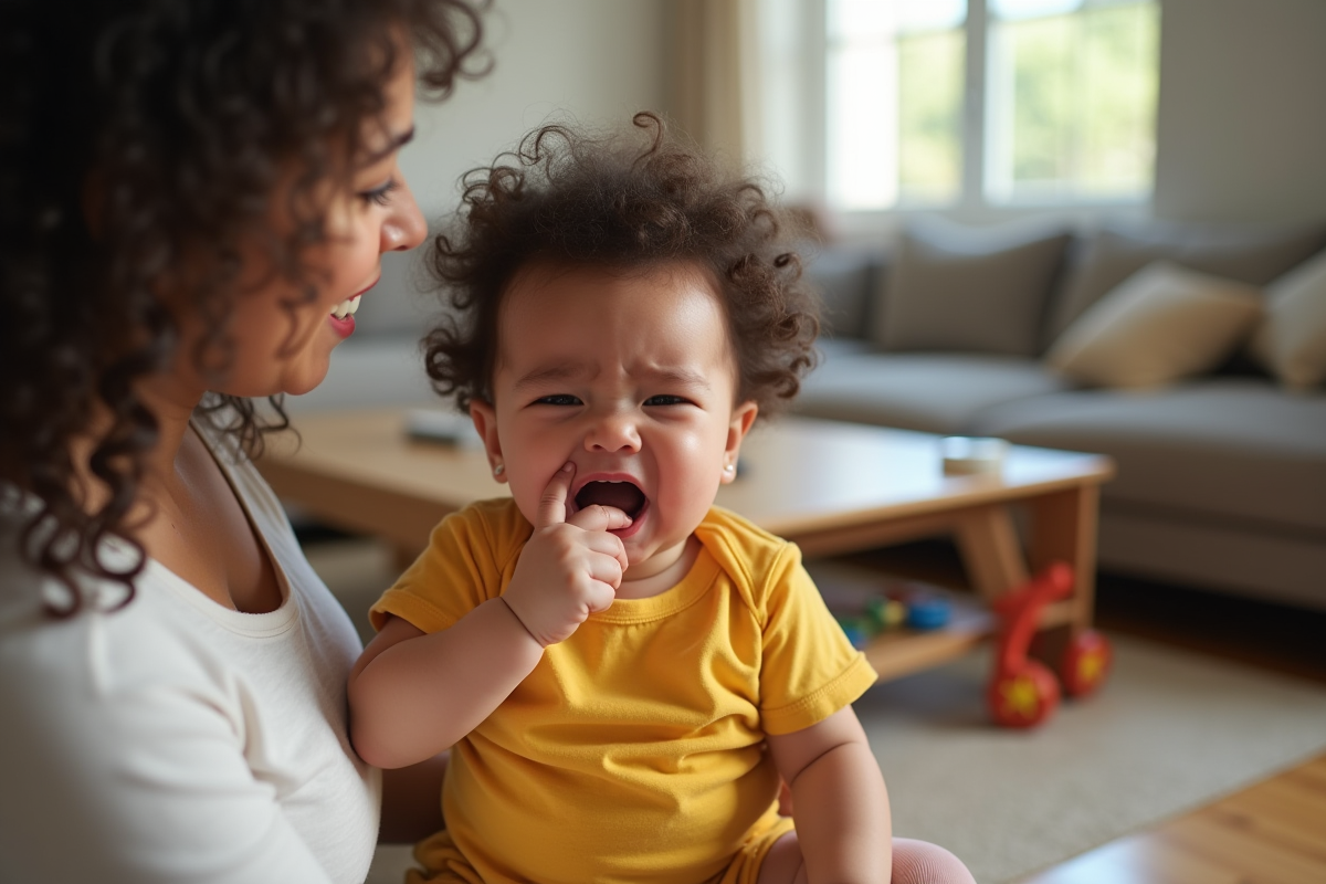 Bébé de 9 mois en pleurs sur les genoux de sa maman