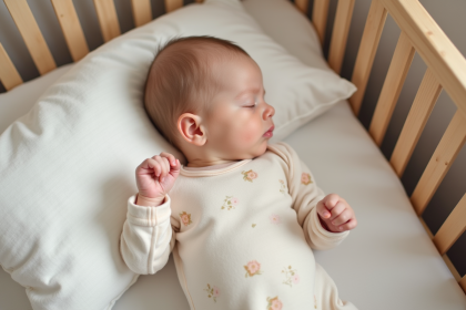 Bebe fille dormant paisiblement dans un lit en bois naturel