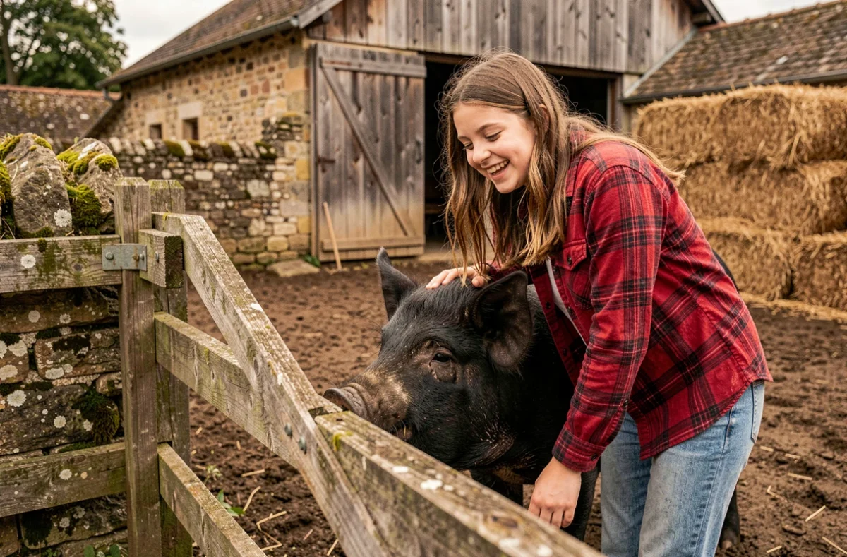 Une adolescente caresse un cochon noir à La Bête Noire Sancerroise, ferme pédagogique dans le Cher