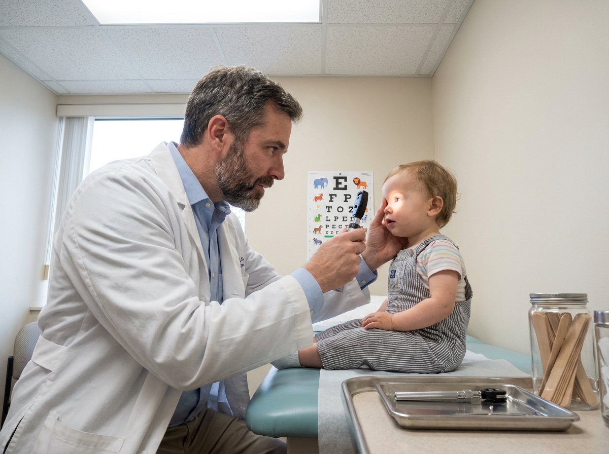 Pédiatre examinant la vue d'un jeune enfant lors d'un bilan visuel en cabinet médical