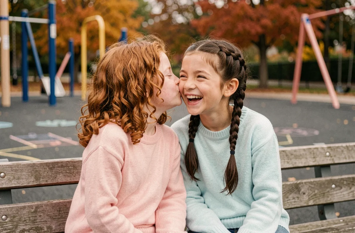Deux fillettes de 8 ans se chuchotant une blague à l'oreille sur un banc de cour d'école en automne