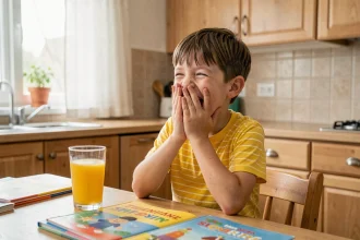 Jeune garçon de 8 ans riant aux éclats à une table de cuisine en bois, ambiance chaleureuse et bienveillante
