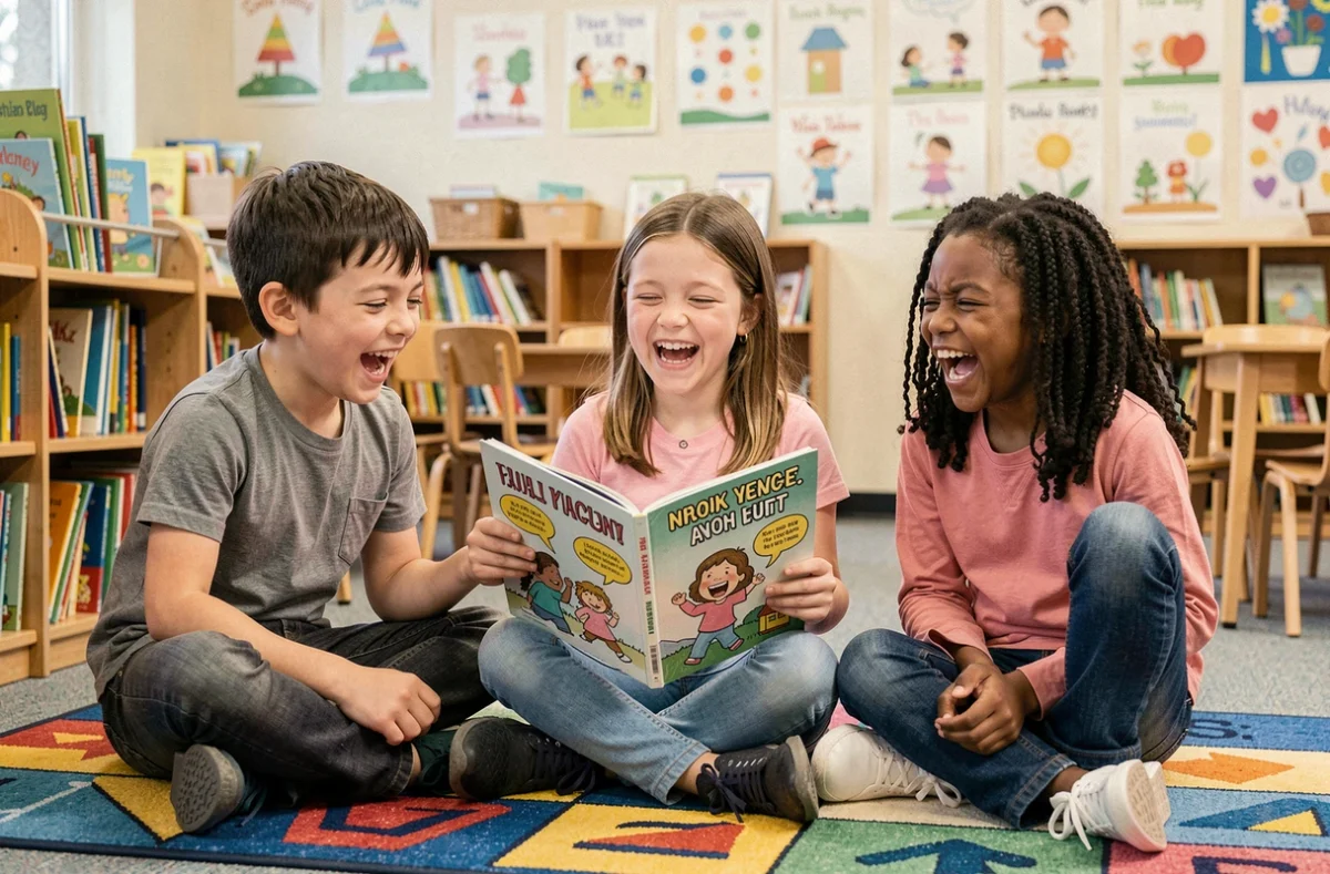 Groupe d'enfants de 8 ans lisant un livre de blagues ensemble sur un tapis de classe coloré