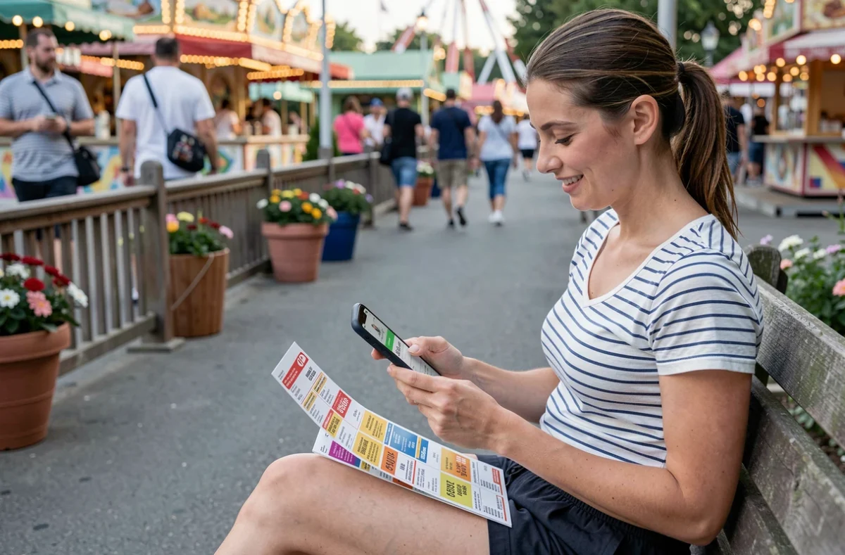 Femme consultant des réductions et billets malins pour visiter un parc d'attractions à petit budget
