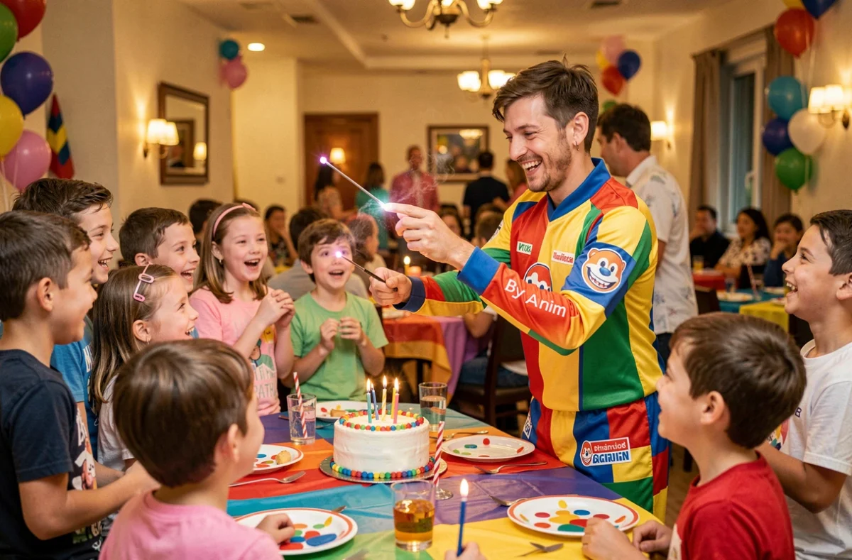 Animateur By Anim réalisant un tour de magie pour des enfants lors d'un anniversaire en intérieur