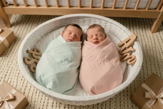 Deux bébés jumeaux allongés dans un panier tressé avec des couvertures personnalisées brodées à leurs prénoms en menthe et rose poudré, cadeau de naissance coordonné et unique