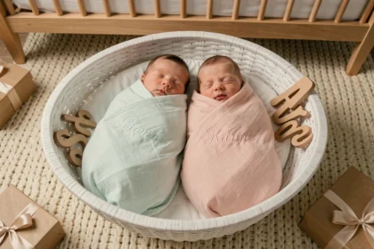 Deux bébés jumeaux allongés dans un panier tressé avec des couvertures personnalisées brodées à leurs prénoms en menthe et rose poudré, cadeau de naissance coordonné et unique