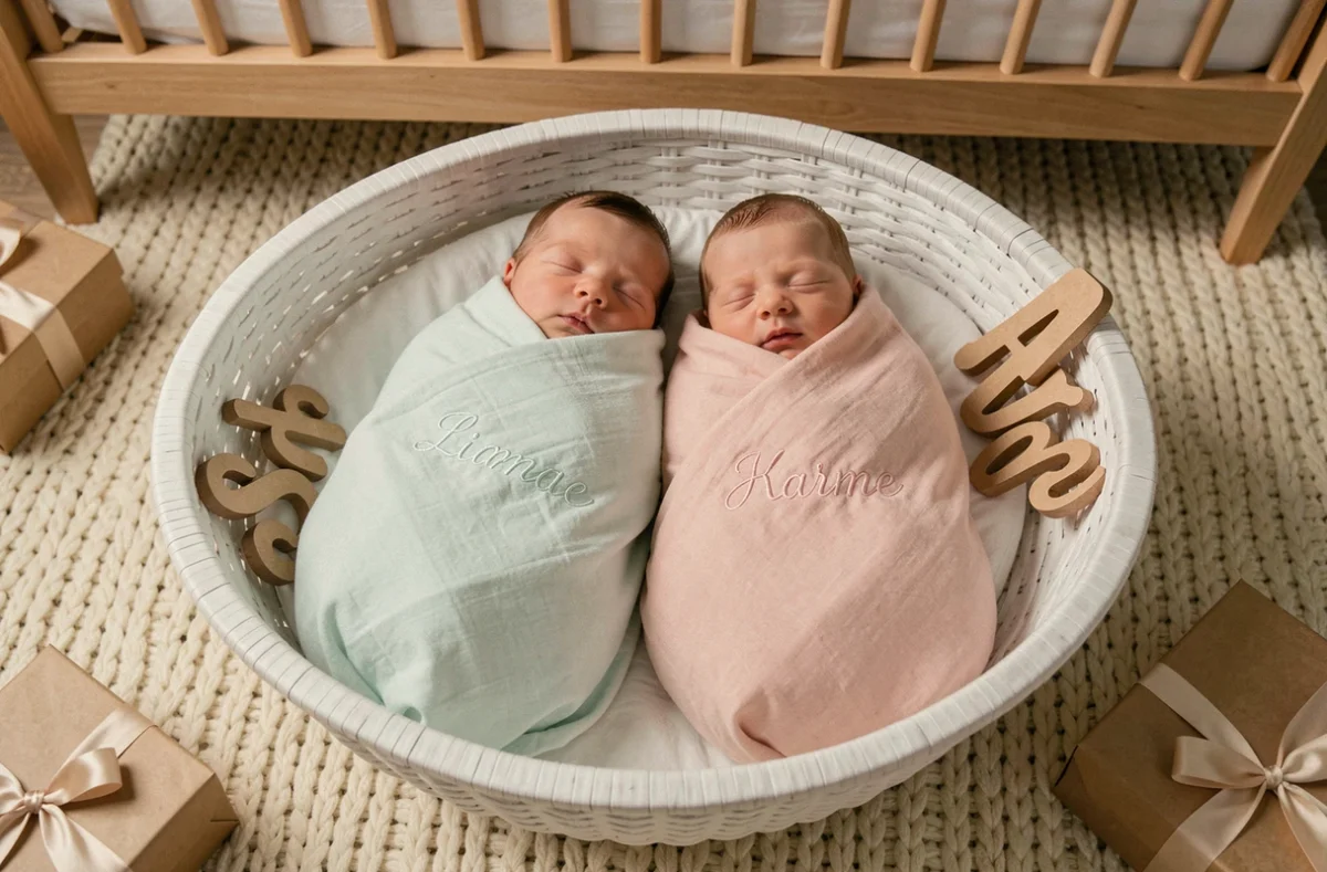 Deux bébés jumeaux allongés dans un panier tressé avec des couvertures personnalisées brodées à leurs prénoms en menthe et rose poudré, cadeau de naissance coordonné et unique