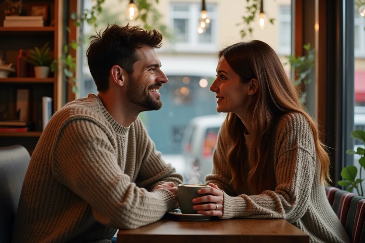 Jeune couple dans un café cosy partageant un café