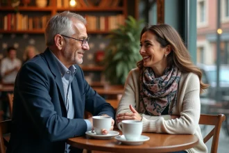 Couple en discussion dans un caf&eacute; vintage ambiance chaleureuse