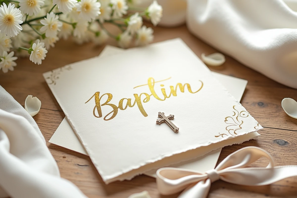 Carte de baptême artisanale en calligraphie sur table en bois avec pétales de fleurs blanches et ruban ivoire