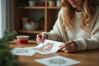 Femme pliant une carte de Noël imprimée à la main sur une table en bois entourée de décorations festives