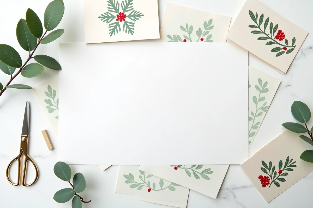 Carte de Noël imprimée et pliée façon boutique disposée en flat lay sur marbre blanc avec accessoires de pliage